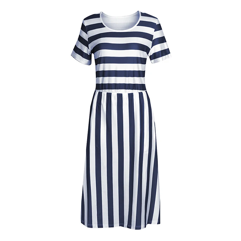 Red Black A Line Casual Dresses Women Summer Dress Short Sleeve Striped Midi Dress O Neck Pocket Summer Holiday Dresses