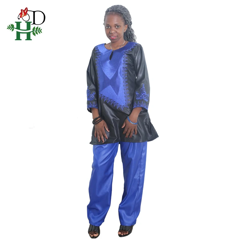 H& D, африканская Женская одежда, Африканский Традиционный набор, riche bazin, дизайнерские платья с вышивкой, синий, черный, женский топ с брюками