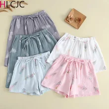 Новые стили летняя пара хлопок марлевые креповые шорты перо печать гостиная сон шорты мужские и женские штаны для отдыха