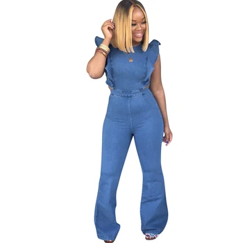 

Summer new women's denim jumpsuit sexy hollow backless blue jumpsuit ladies denim wood ear sleeves long trumpet jumpsuit