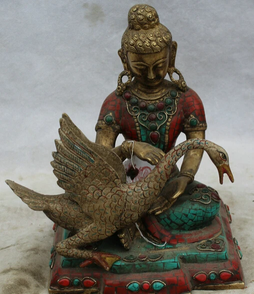 

JP S0524 10" Old Tibet turquoise Bronze 24k Gold Shakyamuni Amitabha Buddha swan Statue (B0328)