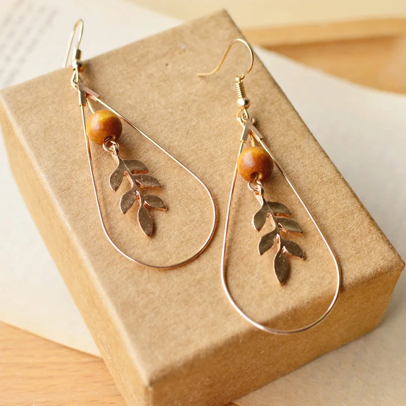

8Seasons Fashion Women Drop Earrings Gold Color Leaf Water Drop Pendants Wooden Beads Earrings Vintage Series For Girl ,1 Pair