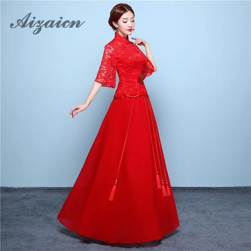 2019 Красное Кружевное невесты современный Qipao Традиционный китайский платья китайское свадебное платье Для женщин Винтаж вышивка Ципао