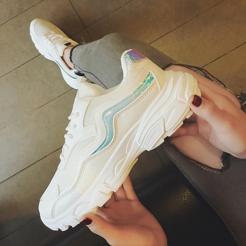 

2019 new students Korean version of the wild lace with thick soles shoes mesh breathable white shoes