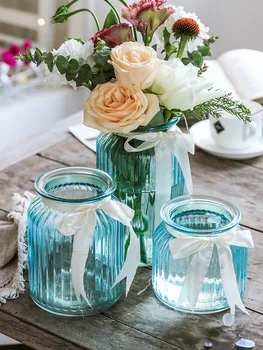 

Europe Style Glass Vase Mesa Transparent Blue Color Hydroponic Tabletop Flowerpot Ins Living Room Decoration Vases for Flowers