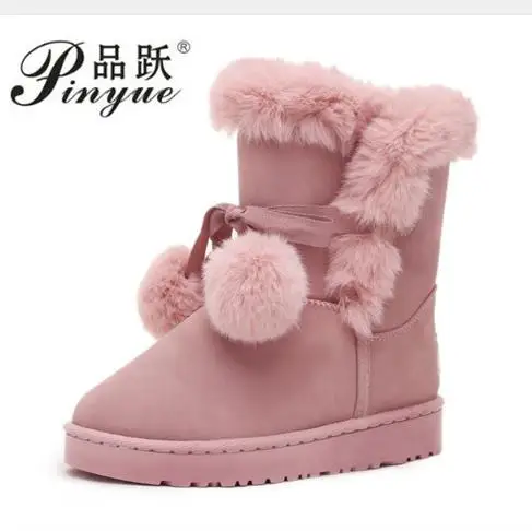 

New hot sales Ladies lovely pompon fur mid calf boots 2018 new arrival plush butterfly knot female warm shoes winter snow boots