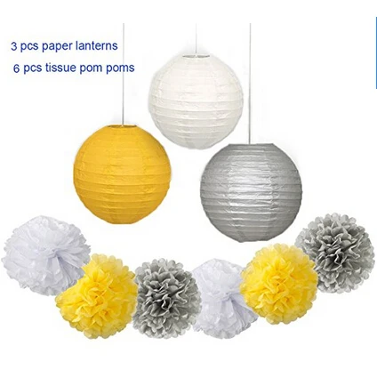 

9 pcs Big Size White Yellow Grey Tissue Paper Pom Pom Paper Lanterns Mixed 10inch 8inch for Yellow Cream Themed Wedding Decor