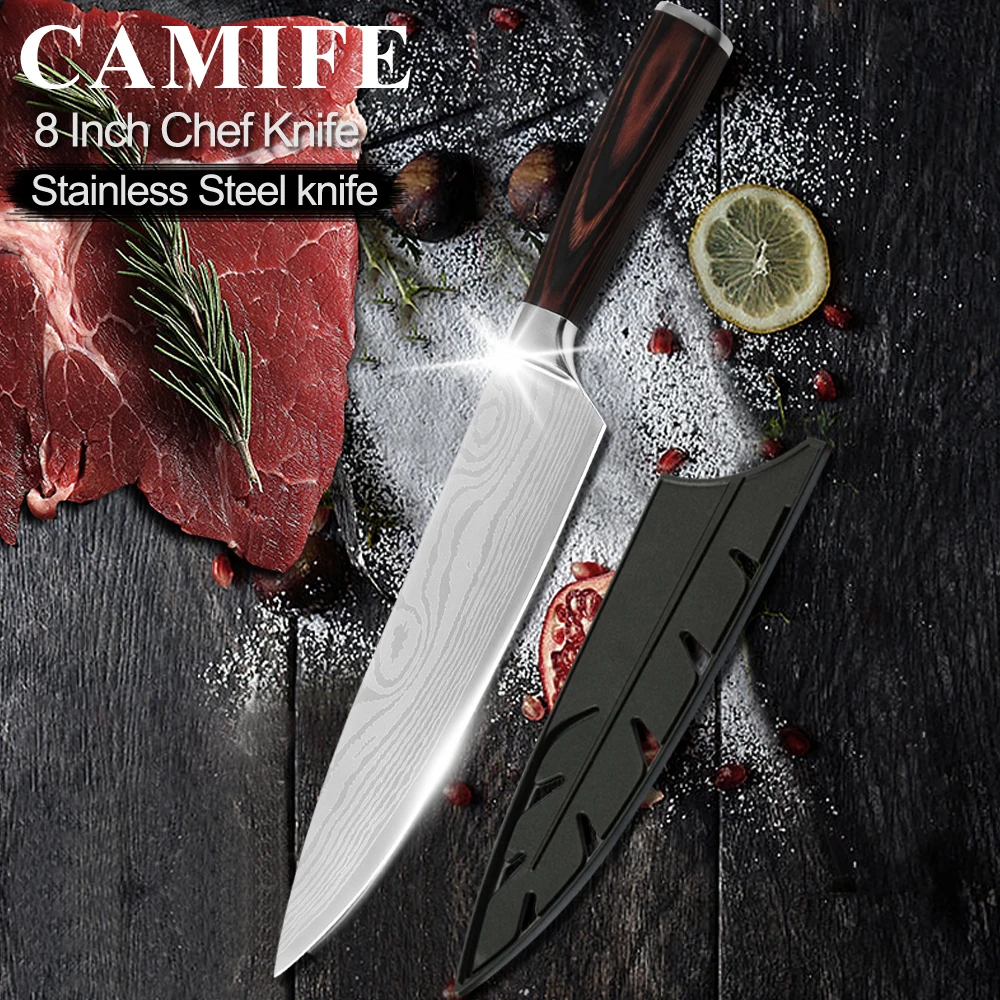 

8 inch Chef Kitchen Knife Japanese Stainless Steel Sanding Laser Pattern Knives Sharp Blade Knife Cooking Tool Gift Free Covers