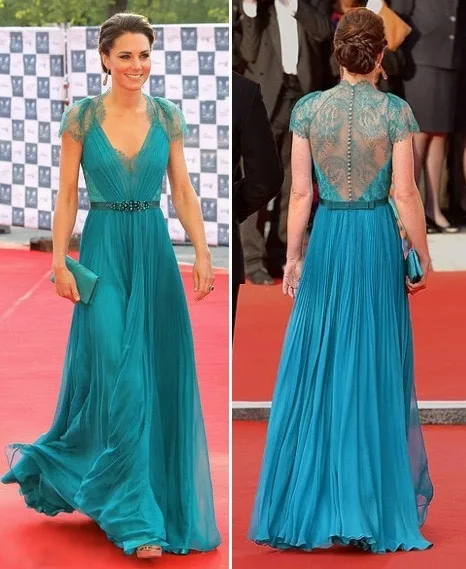 Vestidos de la celebridad Kate Middleton Azul de Color Verde Vestido de Noche de Imágenes una de Cuello V Cap Mangas de Encaje Con Cuentas Cinta de Kate vestidos|dress less