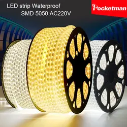 5050 RGB Светодиодные ленты гибкий свет 60leds/M Водонепроницаемый LED Клейкие ленты свет с Мощность разъем 1 м/2 м/3 м/5 м/6 м/7 м/8 м/9 м/ 10 м/15 м/20 м AC220V