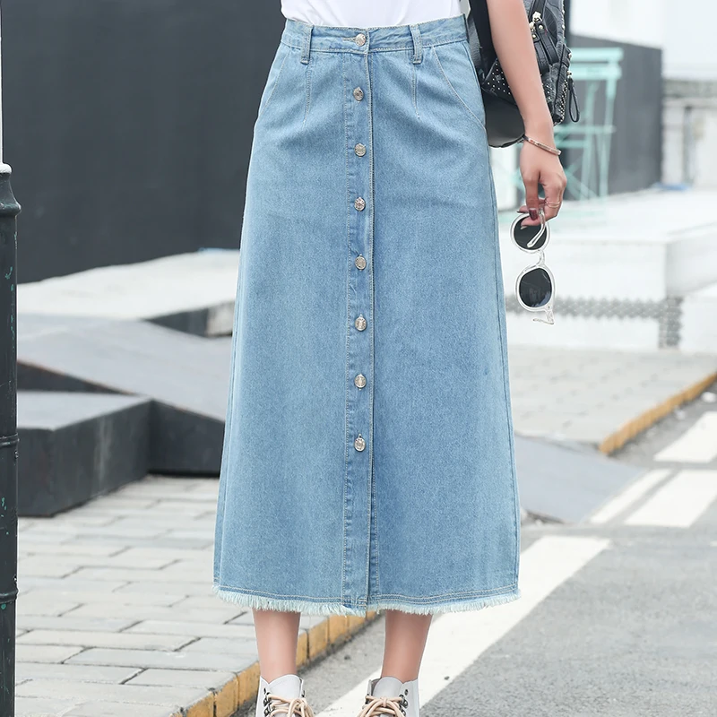

2019 Women Denim Long Skirt A Line Front Single-breasted Preppy Skirts Mid Waist Plus Size