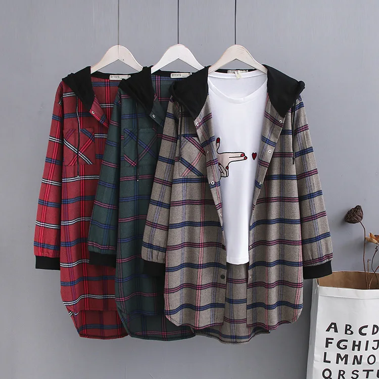 

New Spring Autumn Plus Size Hooded Plaid Shirts Women Fashion Long Sleeve Cotton Shirt Female Casual All Match Loose Tops 6XL
