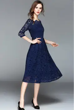 

Spring and European fashion big-name collar, seven-point sleeves, openwork lace, long dressT3656