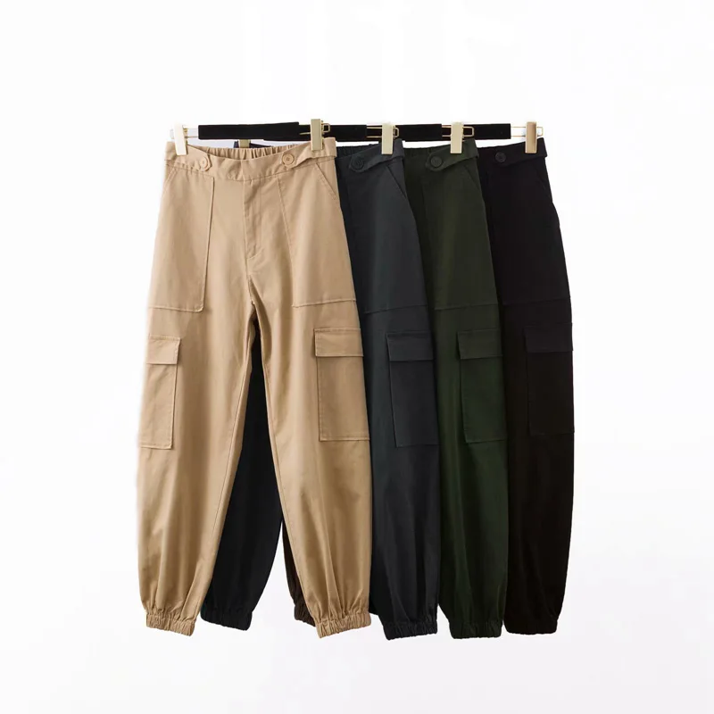

autumn Vintage black khaki cargo pants women pockets loose harem high waist pants joggers ladies long trousers streetwear