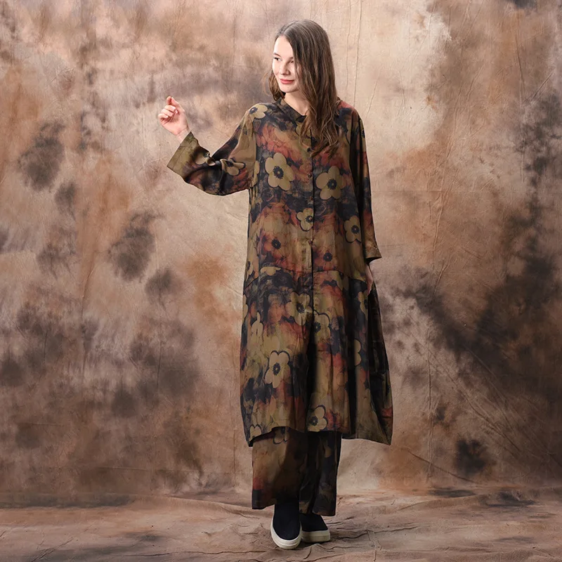 

Johnature Print Floral Spring Shirts Women 2019 New Stand Long Sleeve High Quality Long Blouses Button Loose Two-piece Set Shirt