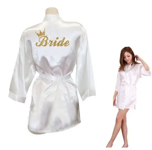 Bride Crown Team Bride Golden Glitter Print Kimono Robes Faux Silk Women Bachelorette Wedding Preparewear