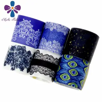 

16mm-75mm Jenas Lace Series Peacock Feather Printed Grosgrain/Elastic Ribbon Denim Like Hair Bowknots Making 50yards/roll