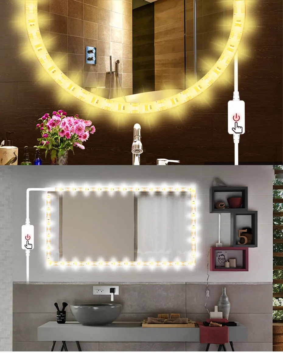 Waterproof LED Strip Light On Mirror Bathroom USB 5V Touch Dimmable LED Tape Light for Closet Kitchen TV Backlight 1M 3M 4M 5M