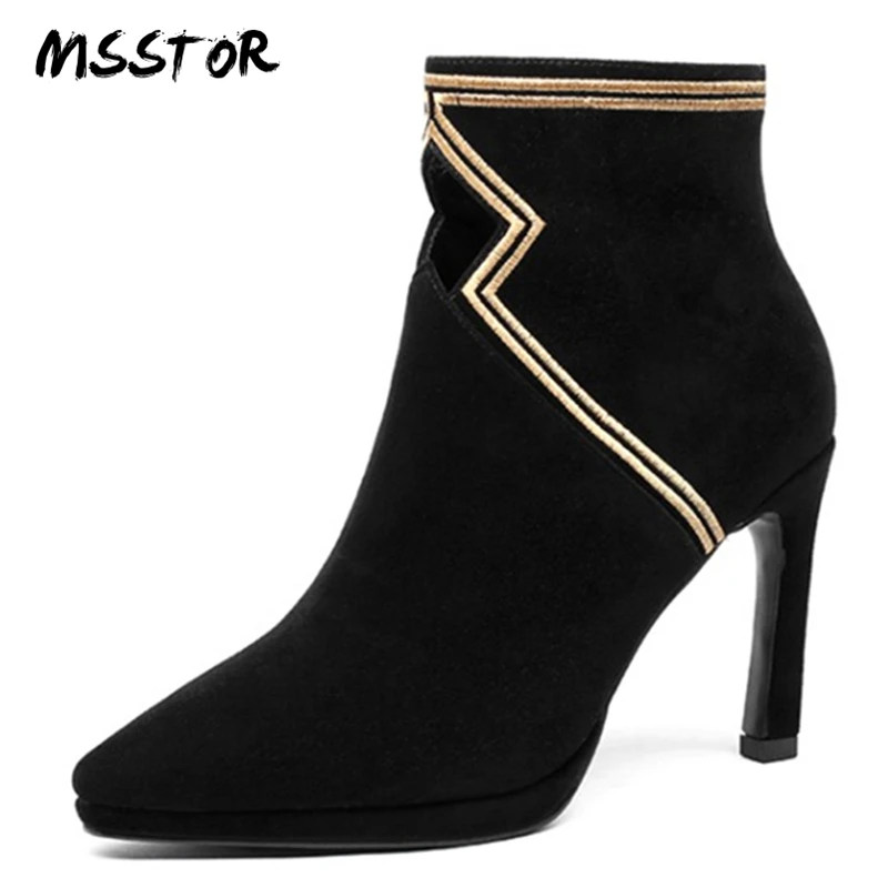 

MSSTOR Hollow Mixed Colors Black Boots Women Fashion Stiletto Pointed Toe Elegant Women Heels Kid Suede Autumn Women Ankle Boots