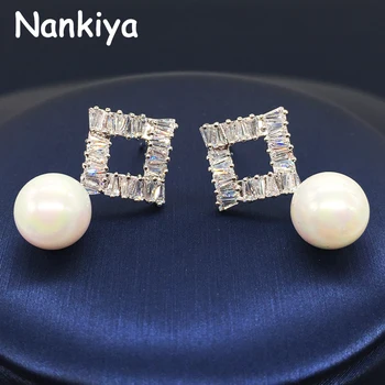 

Nankiya Trendy Suqare Shape with Imitation Pearl Drop with Shinning Cubic Zirconia Earring Stud Design for Lady Wholesale NE144