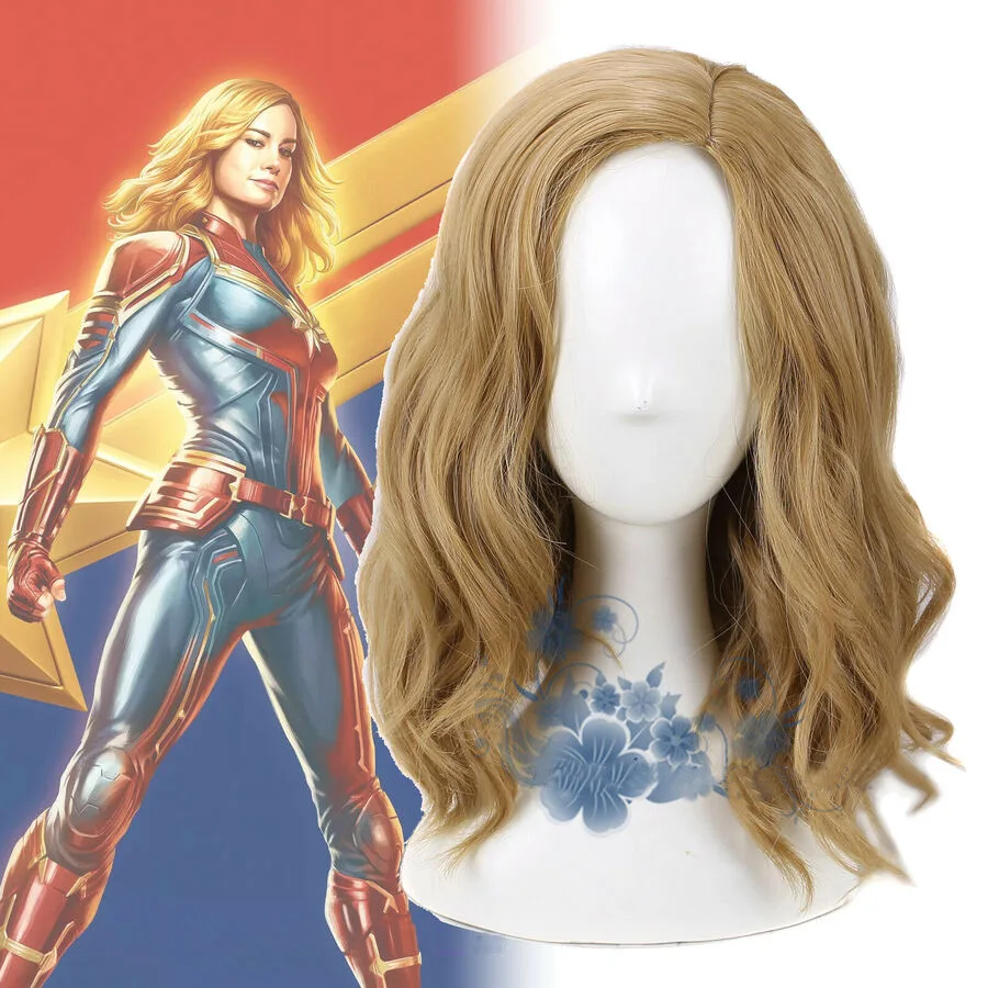 

Ms Captain Marvel Cosplay Wig Medium Long Golden Brown Wavy Curly Hair Women