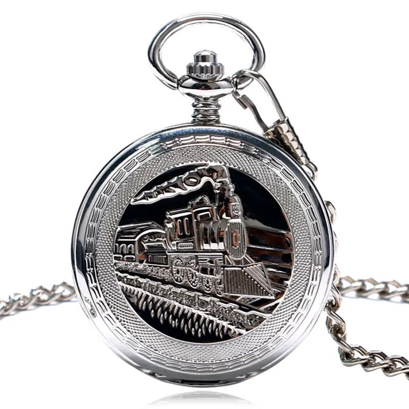 

Men Pocket Watch Silver FOB Running Steam Train Unique Women Pendant Necklace Chain Fashion Double Hunter Mechanical Gift P1035C