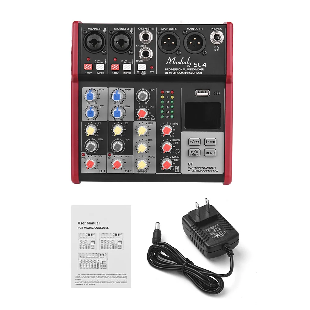 

Muslady SL-4 4-Channel Mixing Console Mixer 2-band EQ Built-in 48V Phantom Power BT Connection USB for Broadcast Karaoke
