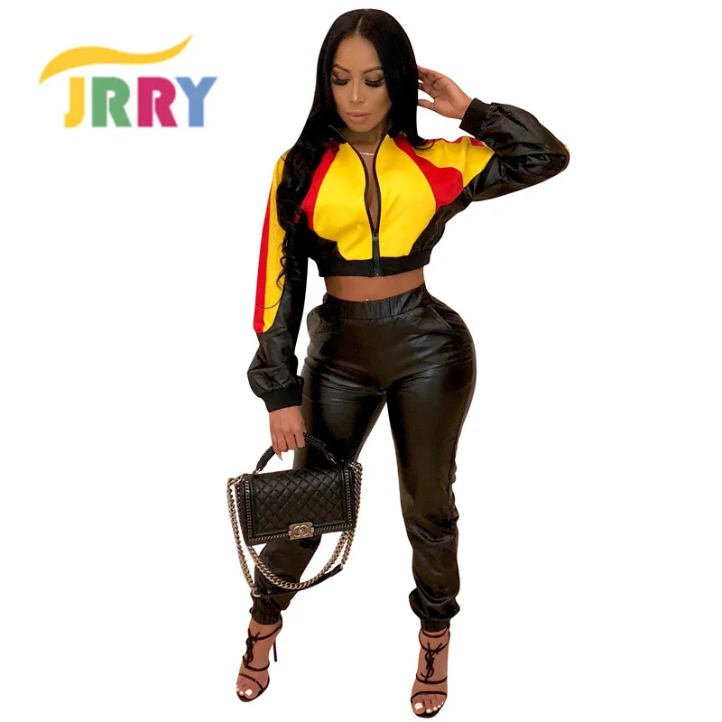 

JRRY Two Pieces PU Leather Women Jumpsuit Zippers Front Long Sleeve Faux Leather Jumpsuit Pockets Pants Fake Leather Jumpersuit