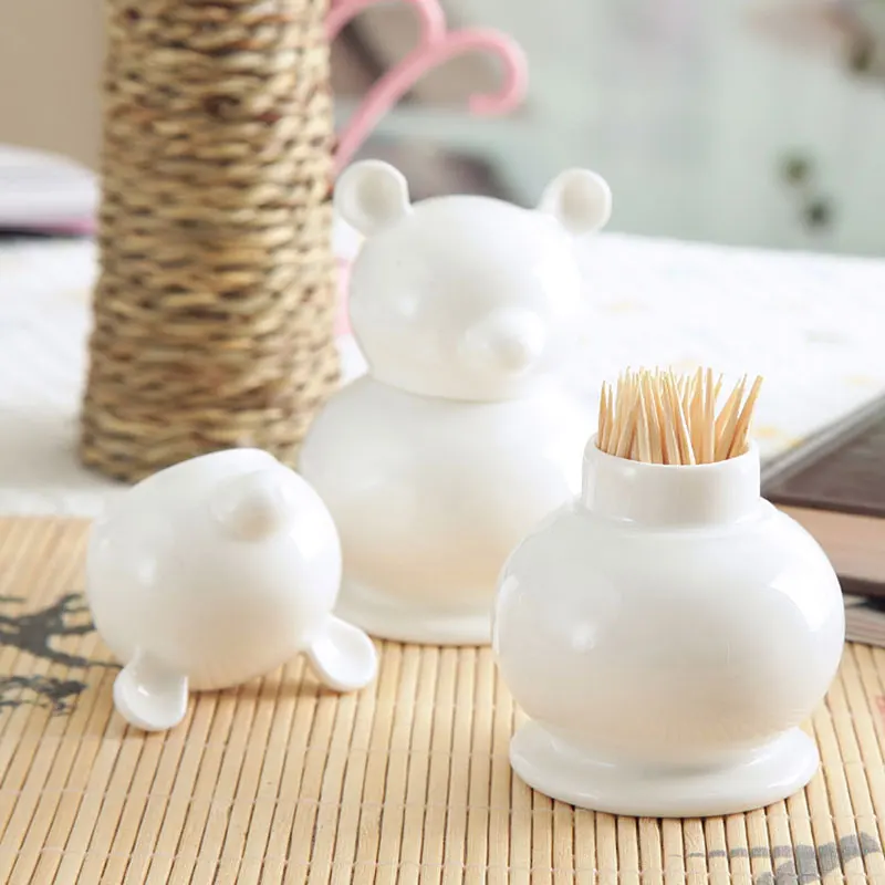 2pcs/pack White China Bone tooth pick holders desktop cute bear decor ceramic toothpick bottle