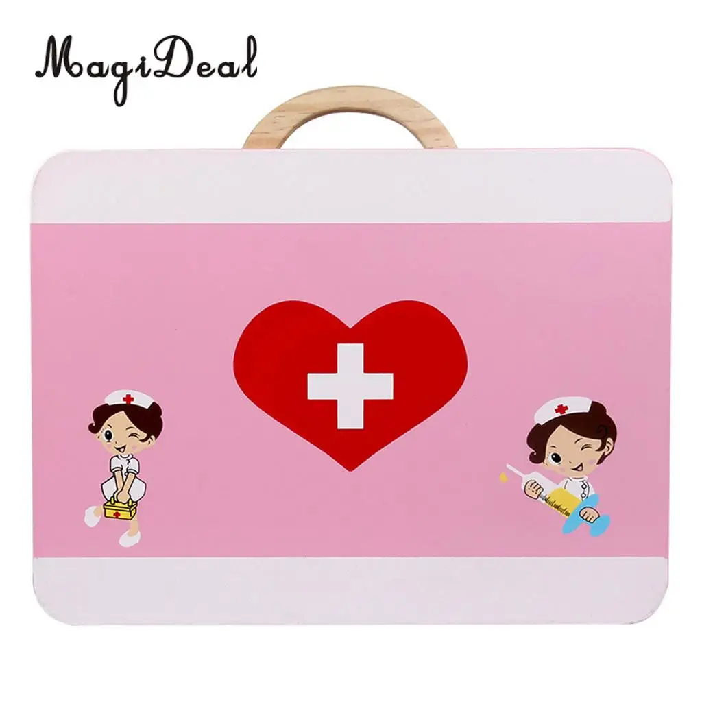 15 Pieces Wooden Medical Kits Box Carry Case Doctor Nurse Game Role Playing Set Kids Toy Educational