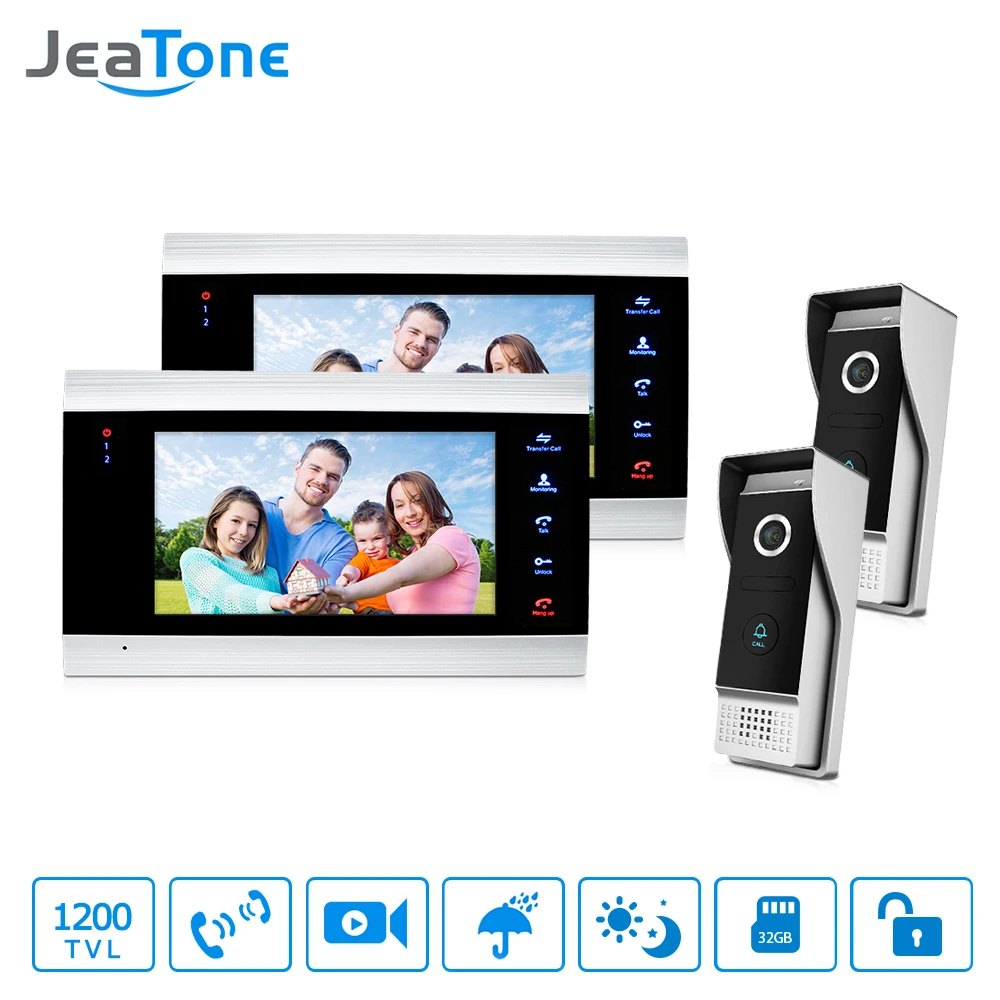 JeaTone LCD 2 Video Door Phone Cameras + 2 Recording Monitors Video Door Phone Intercom Doorbell Home Security System Waterproof