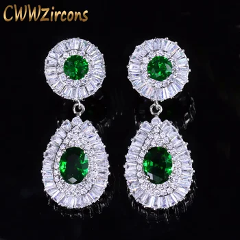 

CWWZircons Top Quality Silver Color Wedding Evening Party Jewelry Long Dangle Drop Big CZ Green Crystal Earrings for Women CZ264