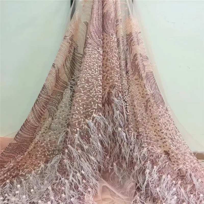 

2018 High-end fashion French Lace Fabric High Quality African Tulle Embroidered Handmade feather Lace Fabric For Wedding