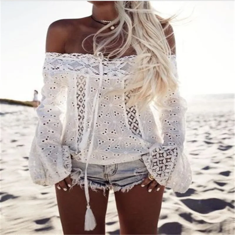 2017 Lace Blusas Women Long Flare Sleeve Slash Neck Shirts Summer Sexy Cut Out Blouse Casual Off Shoulder Tops White Blusa W04 white-cotton-lace-top : image 2017 Lace Blusas Women Long Flare Sleeve Slash Neck Shirts Summer Sexy Cut Out Blouse Casual Off Shoulder Tops White Blusa W04 white-cotton-lace-top