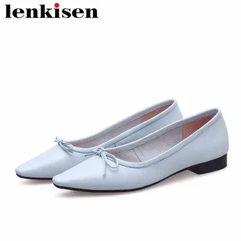 

Lenkisen bowtie solid large size slip on genuine leather square toe low square heels lazy casual shoes women mother pumps L96