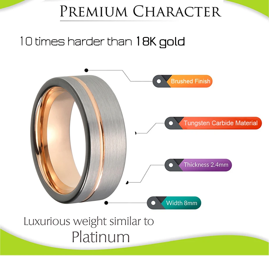 8mm Tow Tone Mens Tungsten Carbide Ring Black Rose Gold Color Womens Wedding Bands with Offset Line Silver Matte Finish