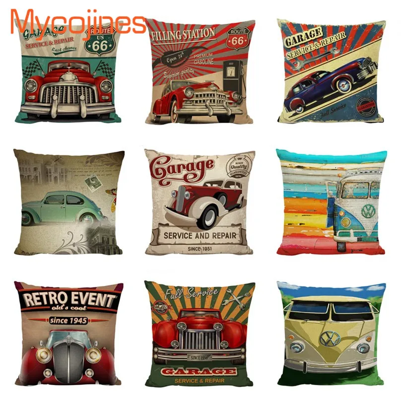 

Retro Car Case Paris Bus Red Taxi Cushion Cover Home Decorative Sofa Car Seat Pillow Case Route US66 Garage Throw Pillow Cojines