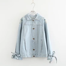 Юбка в стиле мори Цветочная вышитая куртка с длинными рукавами с отложным воротником джинсовая синяя свободная ковбойская куртка женская верхняя одежда топы