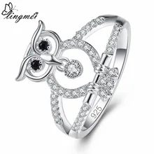 Lingmei,, Новое поступление, в форме совы, черный, белый, кубический циркон, серебряные ювелирные изделия для женщин, 925, кольцо, размер 6, 7, 8, 9, вечернее кольцо
