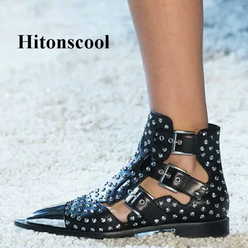 

2019 New Black Leather Women Ankle Boots Metal Pointed Toe Casual Ladies Spring Runway Shoes Woman Autumn Buckles Punk Boot