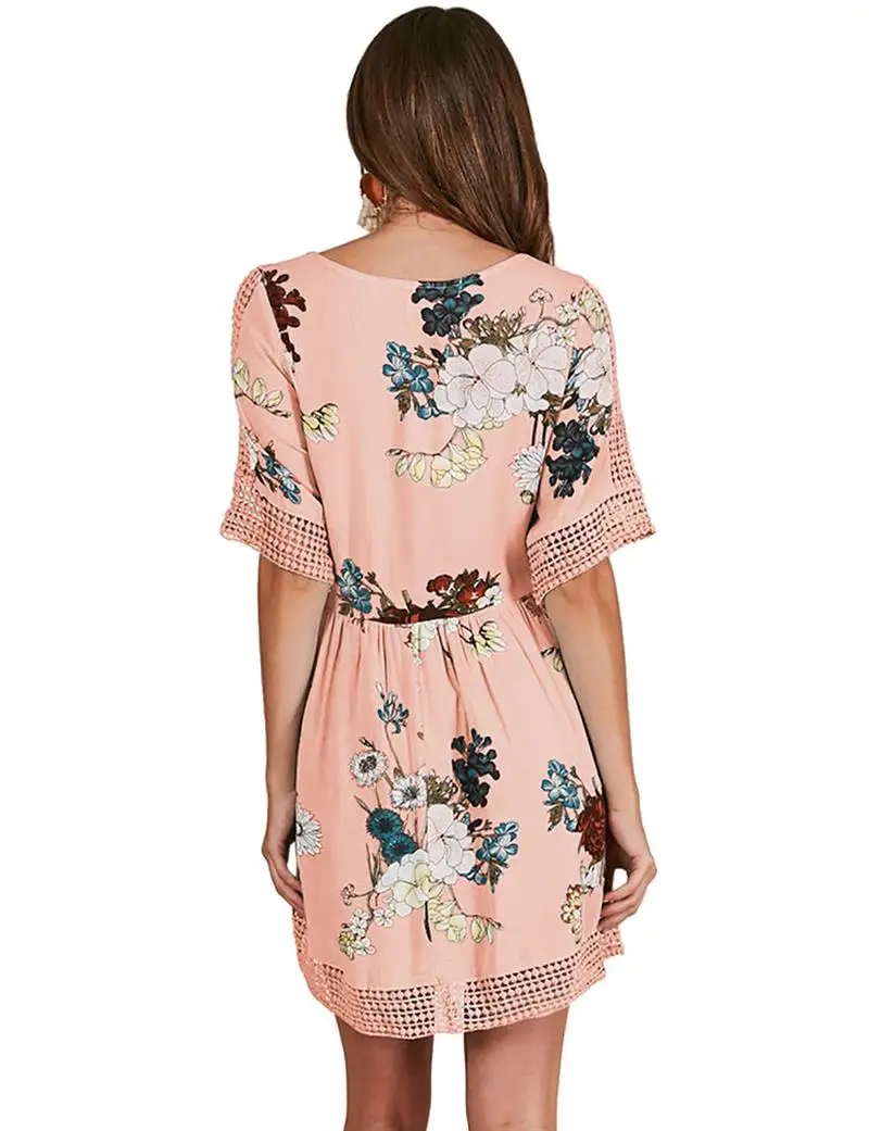 WLLW Для женщин кружевное платье V Neck Structured пряжи розовый Цветочный принт пикантные
