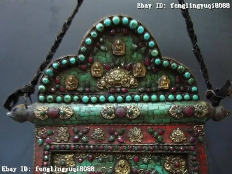 

Tibet Copper Bronze handwork inlay turquoise Red coral ruby beryl TangKa Shrines