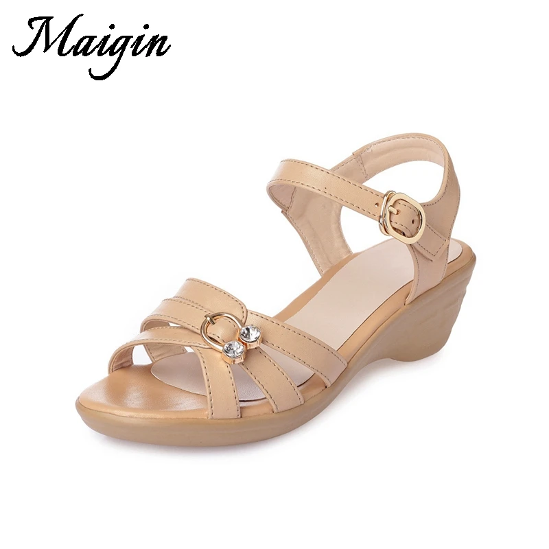 Maigin Big Size Genuine Leather Women Sandals 2018 New Wedge Sandals Peep Toe High Heel Summer Shoes Buckle Strap Ladies Shoes