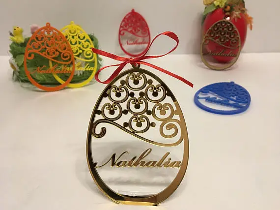 

Personalized Easter Tree Ornament Custom Easter Bauble Happy Easter Decoration Custom egg Personalised Wood Egg Laser cut Golden