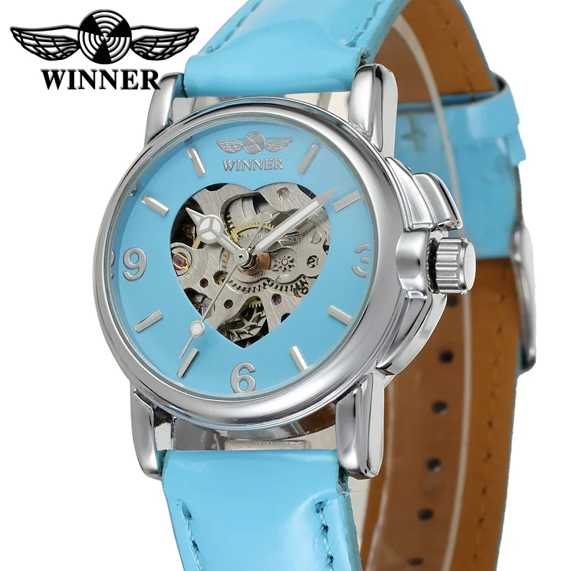 

Fashion WINNER Brand Pink Cute Automatic Women Watch Female Dress Mechanical Watch Heart Shaped Skeleton Wristwatch Collocation