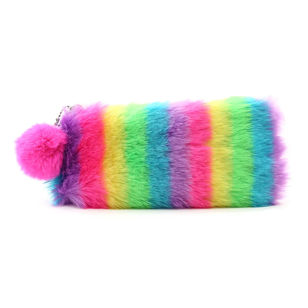 

1 Pcs Rainbow Color Plush Pencil Case Travel Makeup Bags Pompom Ball Decor Women Makeup Bag