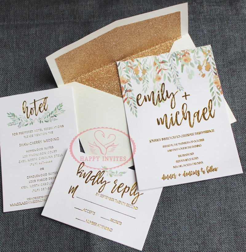 HI1150-04 Simple White Wedding Invitation Card Wedding Menu with Gold Letterpress and Colorful Printing