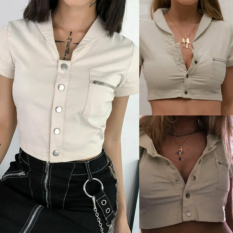 

Fashion Women Ladies Hot summer Crop Tops Blouse Unique Button Design Casual Short Sleeve Simple Daily Blouse Crop Top Shirt