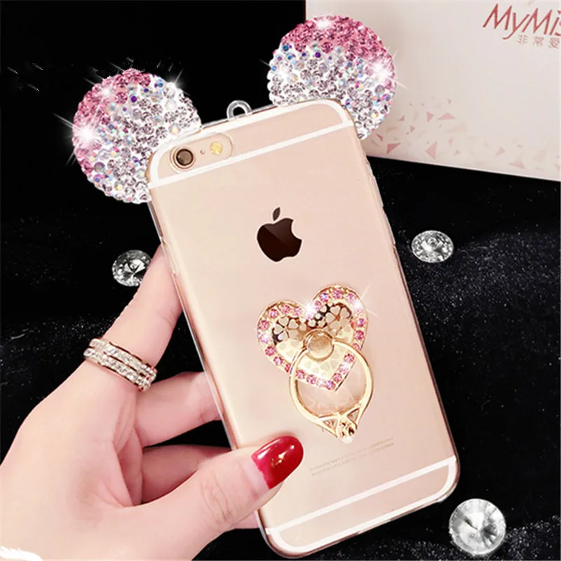 

For Samsung note 3 4 5 8 S6 edge S8 S9 Plus Cute Mouse ears head Diamond phone case love cat finger ring lanyard cover