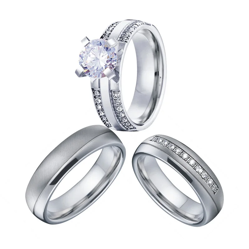 Never Fade Wedding Band Engagement Rings for Women Men 3 Bridal sets Rings Silver White Gold Color Promise Couple Ring (5)